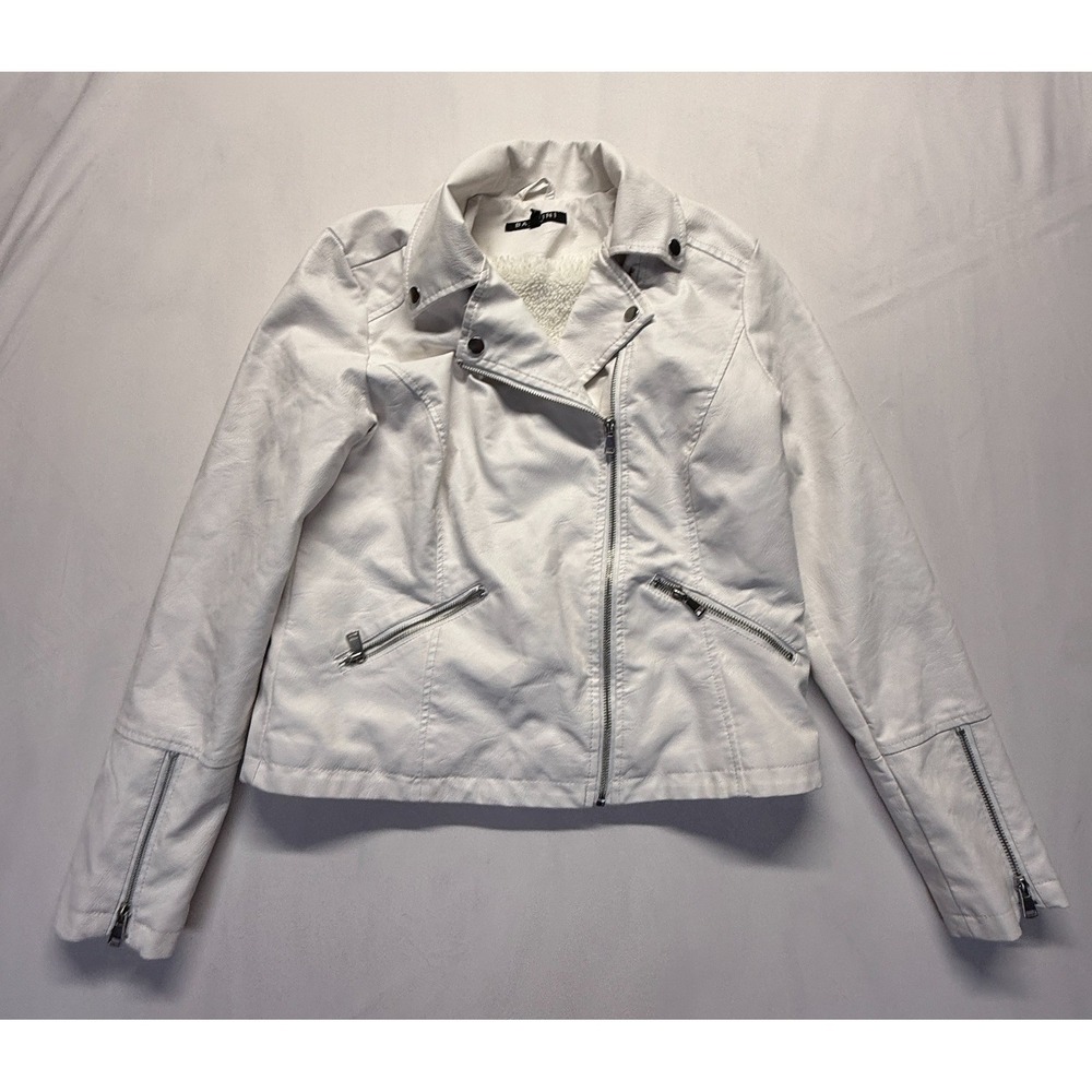Baccini Biker Jacket Womens Medium White Leather Faux Fur Lined Asymmetrical Zip